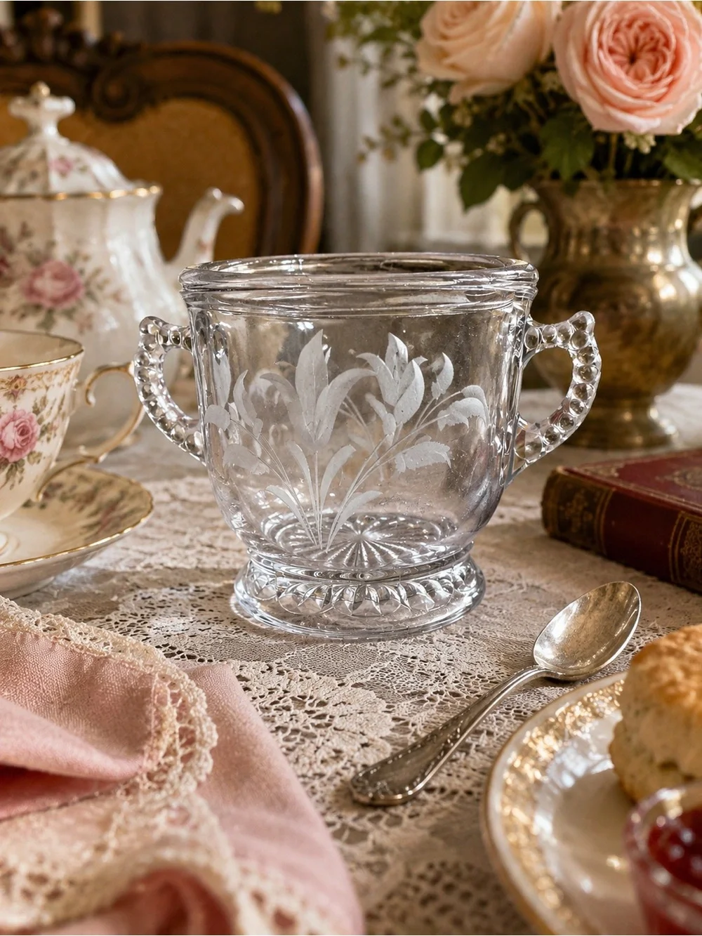 Vintage Etched Glass Double-Handle Sugar Bowl / Spoon Holder